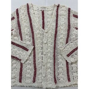 Miramar Handmade Cotton Crochet Cardigan Cream Burgundy Floral Stripe L Vintage